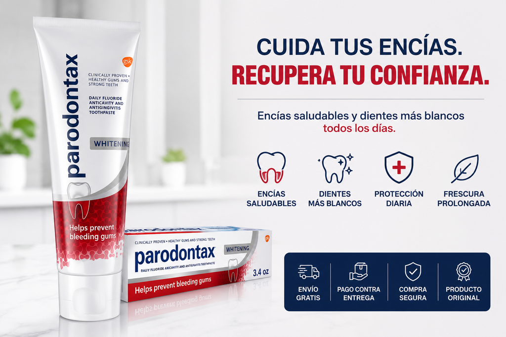Crema Dental Parodontax Whitening ayuda a cuidar tus encías, remover manchas superficiales y mantener un aliento fresco como parte de tu rutina diaria de higiene bucal.