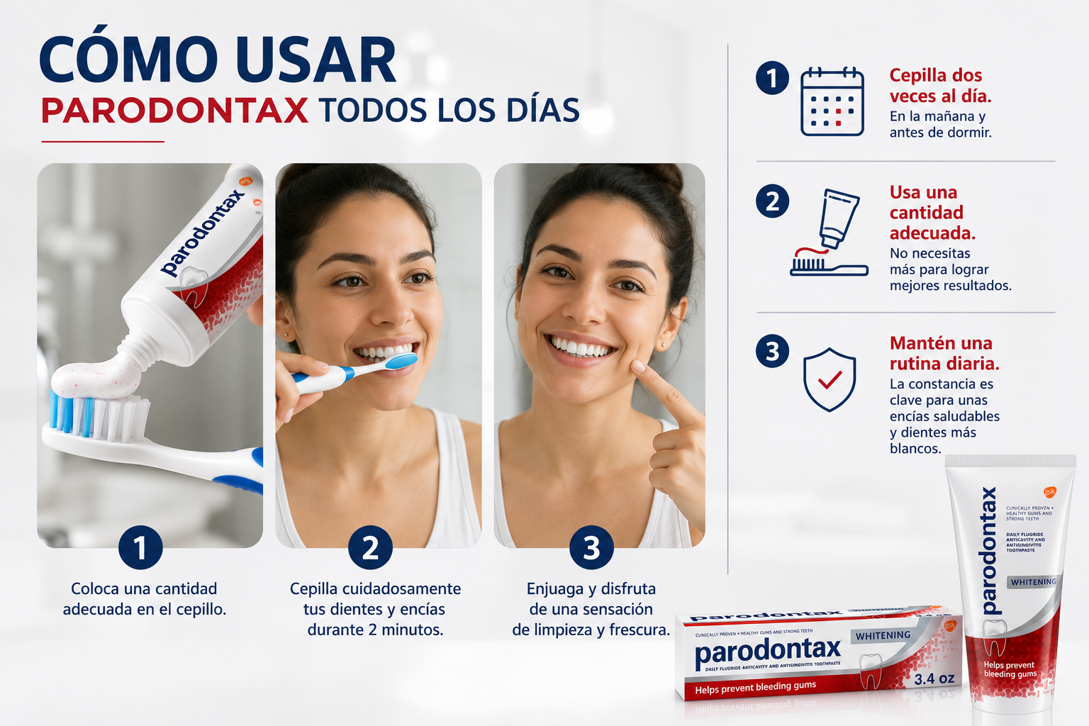 Crema Dental Parodontax Whitening ayuda a cuidar tus encías, remover manchas superficiales y mantener un aliento fresco como parte de tu rutina diaria de higiene bucal.