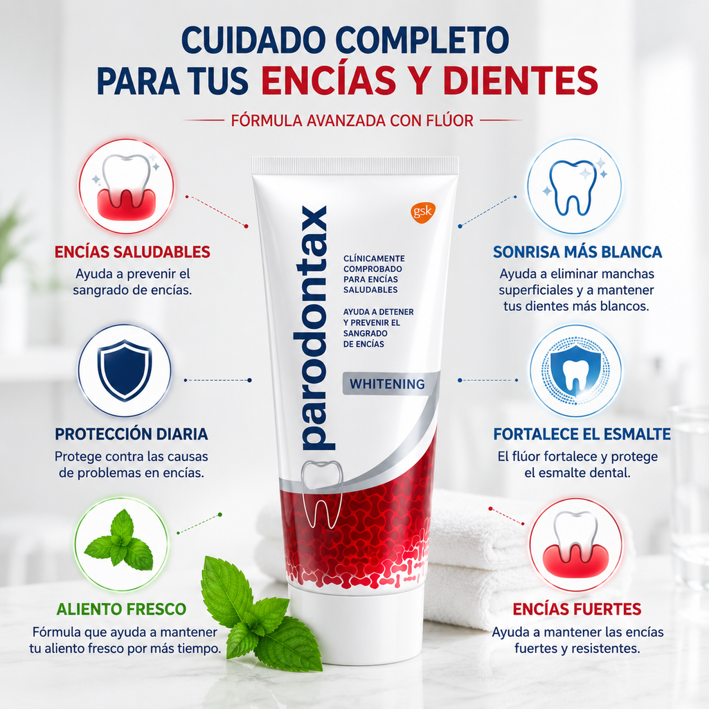 Crema Dental Parodontax Whitening ayuda a cuidar tus encías, remover manchas superficiales y mantener un aliento fresco como parte de tu rutina diaria de higiene bucal.
