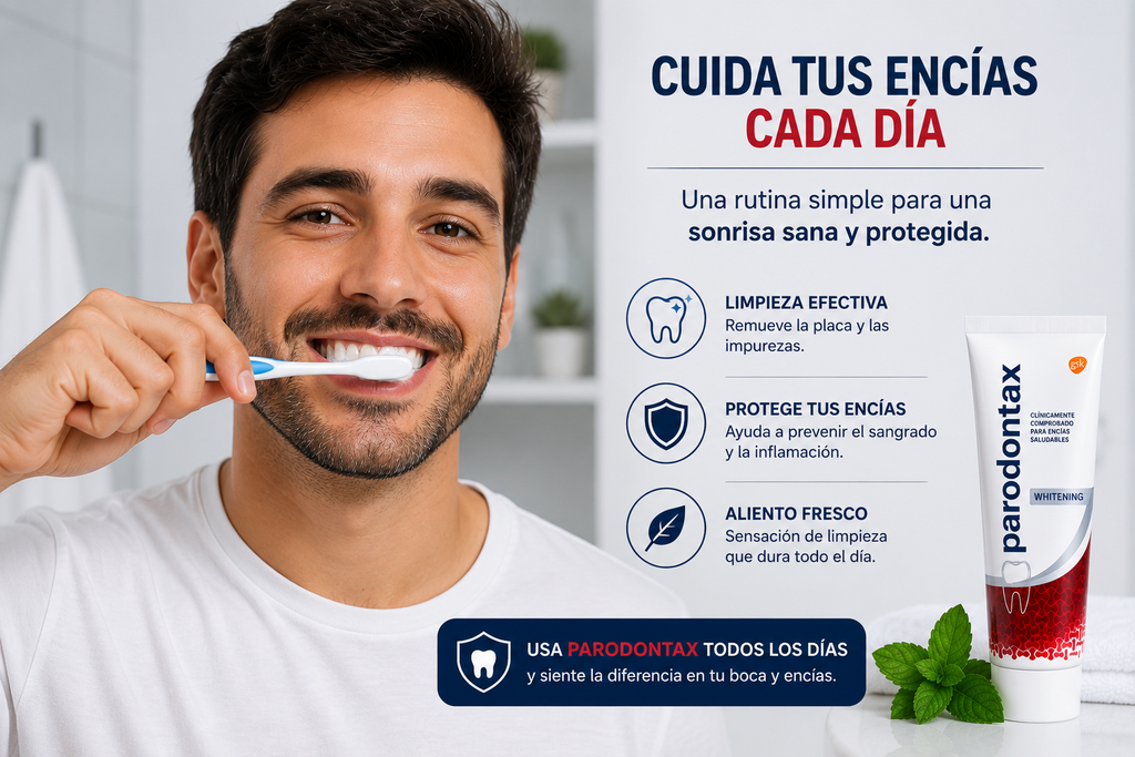 Crema Dental Parodontax Whitening ayuda a cuidar tus encías, remover manchas superficiales y mantener un aliento fresco como parte de tu rutina diaria de higiene bucal.